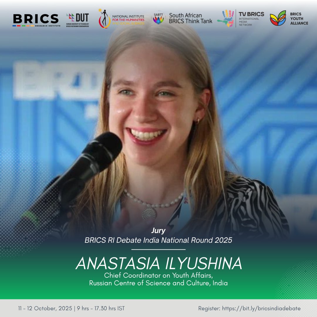 We’re thrilled to welcome Ms. Anastasia Ilyushina, Chief Coordinator on Youth Affairs, Russian Centre of Science &amp; Culture, India, as Jury for the BRICS RI Debate India National Round 2025!
Watch live &amp; earn an international certificate: bit.ly/bricsindiadeba…
