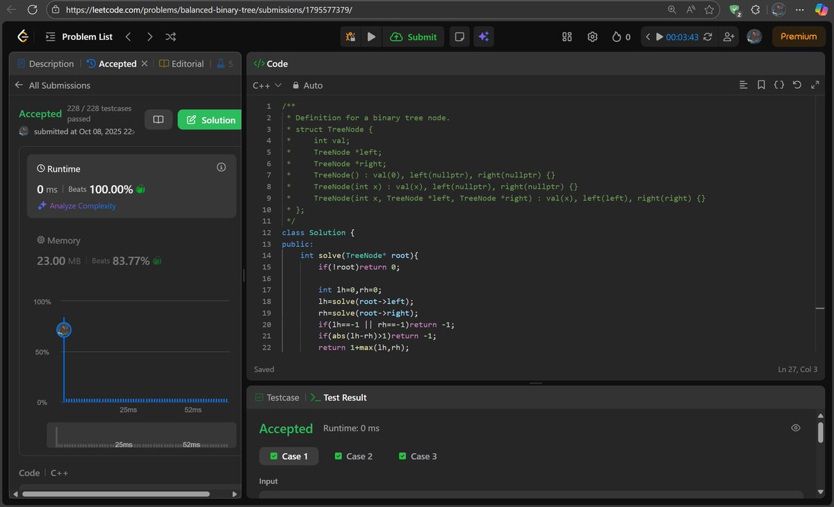 twt_Kunal's tweet photo. #DAY_81
Day 81/90  
✅Done two binary tree questions.
(i)  maximum depth of a binary tree.
(ii) binary tree balanced or not.

#LeetCode #BuildInPublic #DevJourney #90DaysOfCode https://t.co/LxUulcqdvH