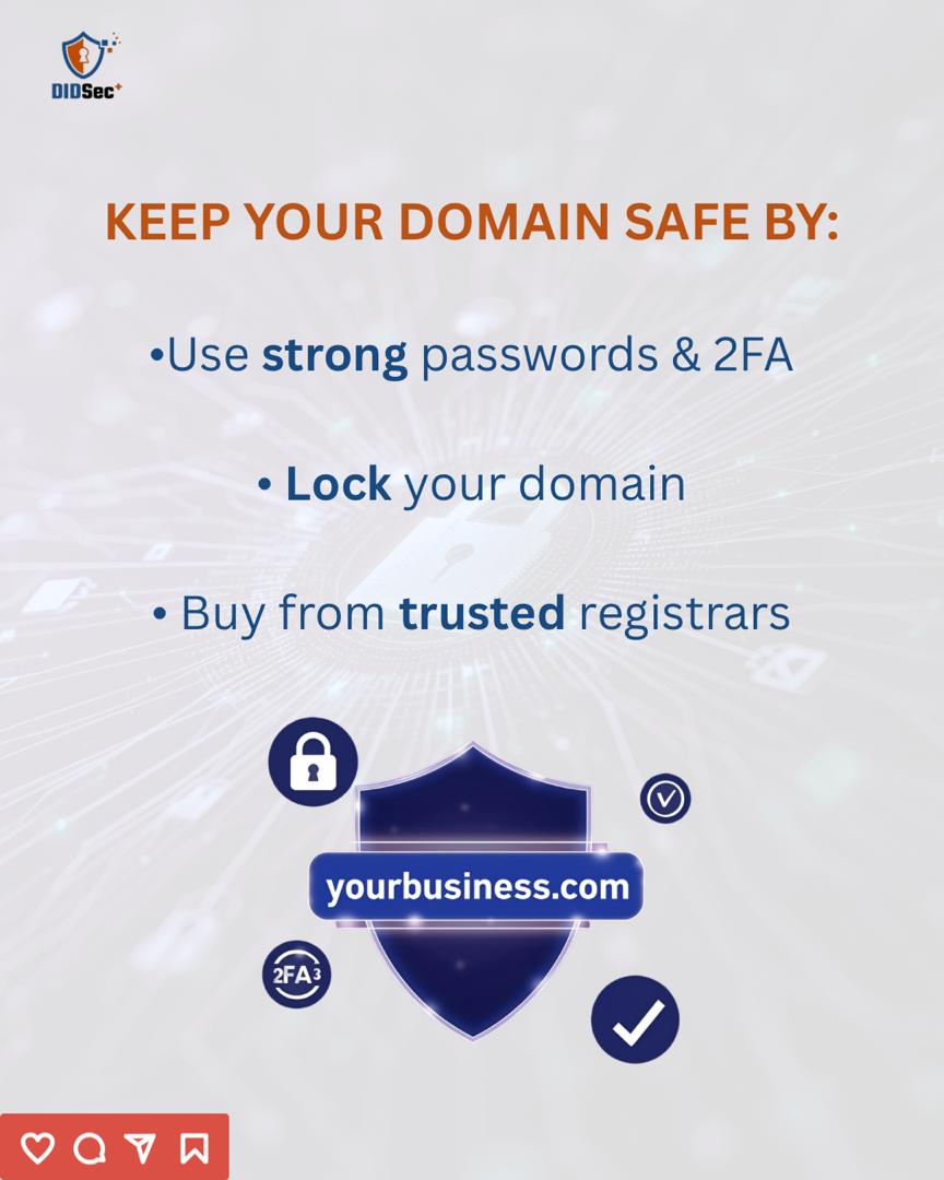 didsecplus's tweet photo. Your domain name can be stolen too
Cybercriminals are always on the hunt for weakly secured domains.
Protect your digital identity, lock your domain and activate 2FA.
Itโs easier than recovering a stolen one.
#CybersecurityAwarenessMonth #viral #domainsecurity https://t.co/s5427oqFR1