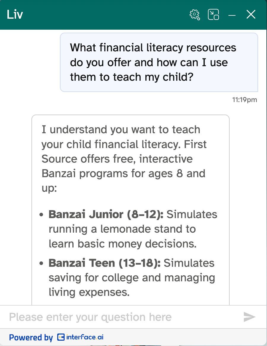 interfaceAI's tweet image. First Source CU launches their new Chat AI Agent!
Powered by interface.ai, @fsourcefcu can now deliver instant answers to their members, resolving complex queries 24/7.
👉 Say hello to 'Liv': fsource.org
#ChatAI #MemberExperience #CreditUnions