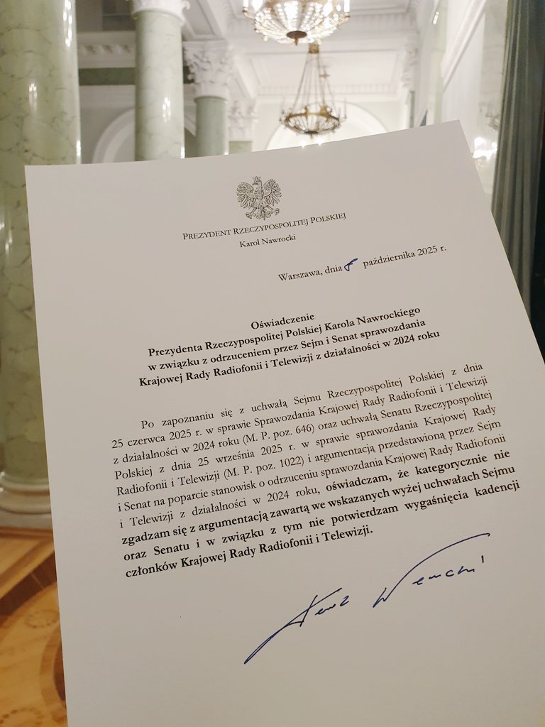 Oświadczenie Prezydenta Rzeczypospolitej Polskiej <a href="/NawrockiKn/">Karol Nawrocki</a> w związku z odrzuceniem przez Sejm i Senat sprawozdania Krajowej Rady Radiofonii i Telewizji z działalności w 2024 roku

Po zapoznaniu się z uchwałą Sejmu Rzeczypospolitej Polskiej z dnia
25 czerwca 2025 r. w sprawie