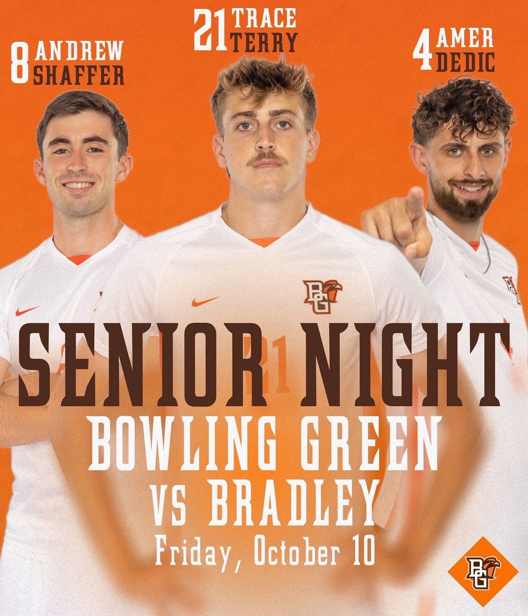 BGSUMSoccer's tweet photo. Join us this Friday as we take on Bradley for another MVC game, but most importantly celebrate our 2025 Senior class!

See you there! 

#GoFalcons #AyZiggy 🟠🟤 https://t.co/vz65jBeRS1