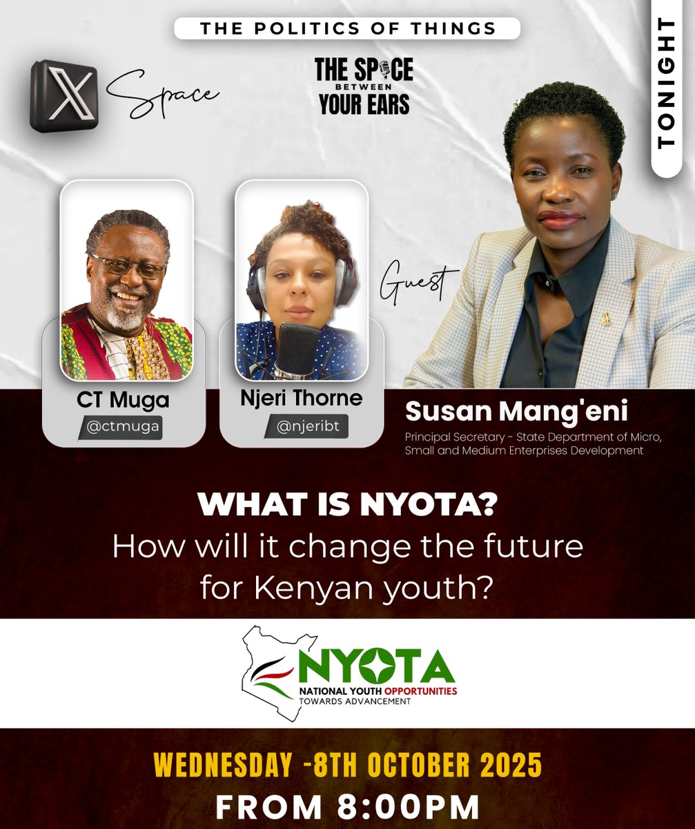 Join me on X-Spaces, hosted by <a href="/ctmuga/">CHARLES T MUGA</a>  and <a href="/NjeriBt/">Njeri Thorne</a>, to discuss the <a href="/NYOTA_Kenya/">National Youth Opportunities Towards Advancement</a> Project.
X-space Link: x.com/NjeriBt/status…

#NYOTAMtaani  #MSMEkenya