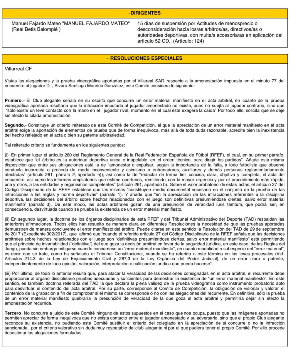 ❌ El Comité Técnico de Árbitros considera que no debe retirar la segunda tarjeta amarilla a Santiago Mouriño.

Al haber contacto, alegan que la decisión es criterio del árbitro por ello desestiman las alegaciones presentadas por el Villarreal.

El club recurrirá, como es lógico.