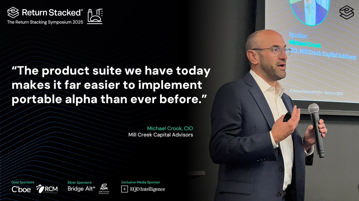 Michael Crook, CIO of Mill Creek Capital Advisors, addressed how return stacking can be implemented in taxable advisor accounts - tackling tax drag, improving after-tax returns, and positioning portfolios for long-term outperformance.
#GetStacked2025
