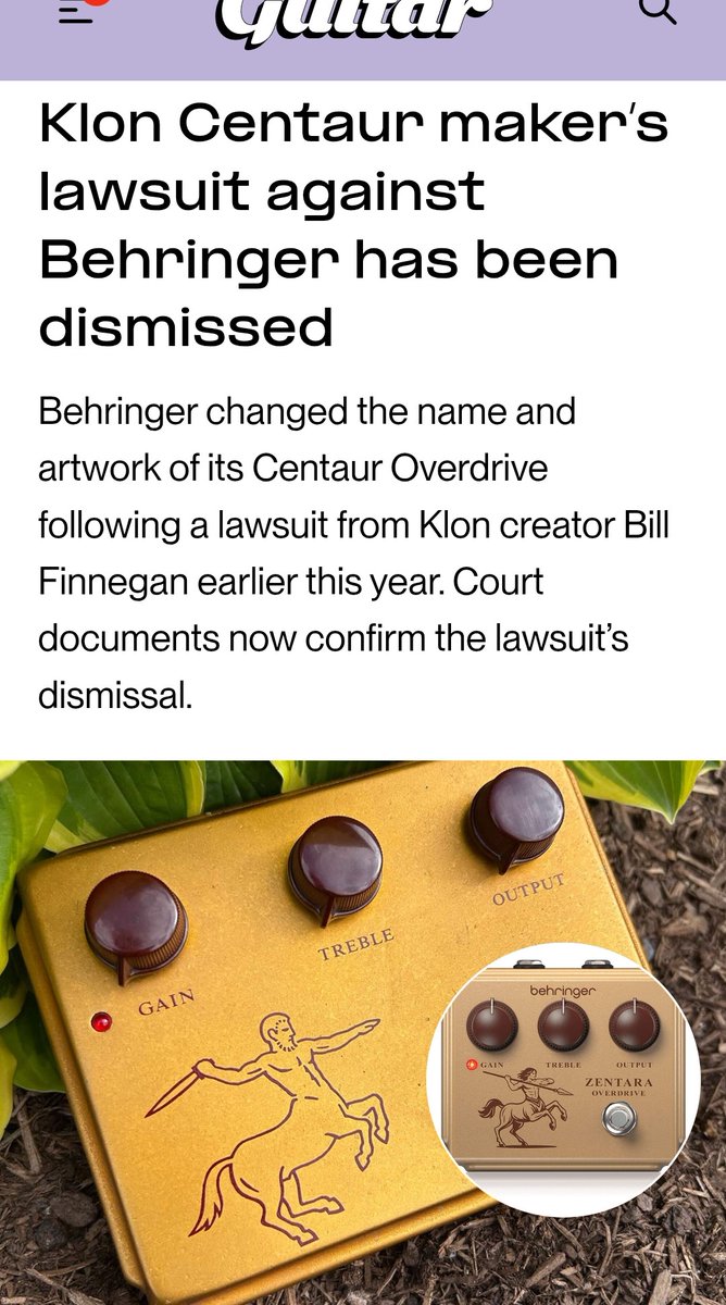 GuitarG71647302's tweet image. All you folks who got preempted while waiting for your Behringer Centaur will hopefully be getting your new "Zentara" soon. 
Apparently, Behringer changed the name and artwork, and the suit filed by #Klon has been dismissed.  🙌🏼
