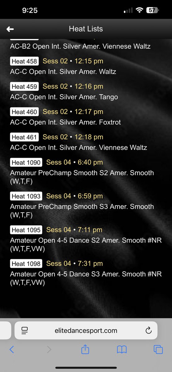 If u r interested in watching me compete, session 2 is Friday morning and session 4 is Saturday evening for championships. 
Times are PST (west coast)
Livestream is available at elitedancesport.com