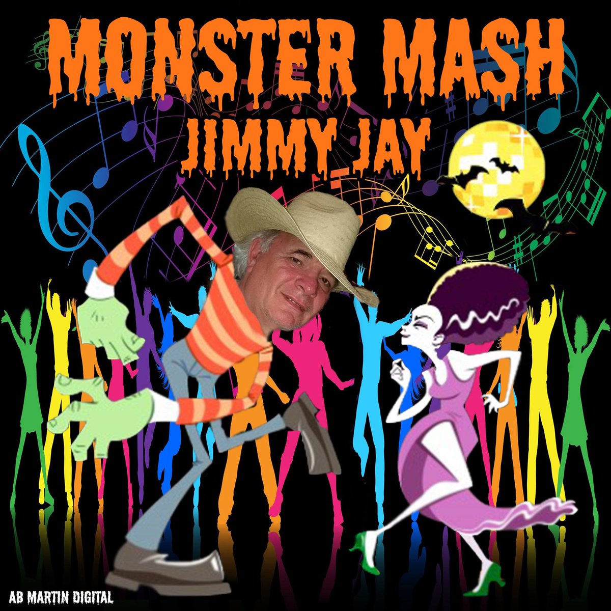 A colorful Halloween-themed promotional graphic titled "MONSTER MASH JIMMY JAY" featuring cartoon dancing figures, a disco ball, bats, and a real man's face wearing a cowboy hat edited onto one of the dancing characters.