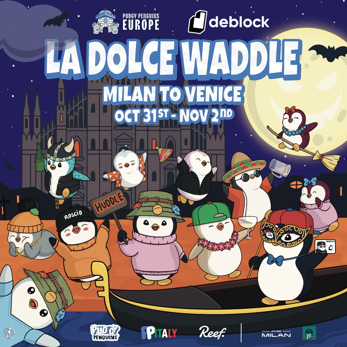 PudgyEurope's tweet image. 🇮🇹 The Penguins are heading to Italy!

We’re thrilled to announce La Dolce Waddle: an unforgettable IRL adventure co-hosted with @DeblockApp, celebrating community, culture &amp;amp; good vibes.

🗓️ Oct 31 - Milan (Halloween Party)
🍷 Nov 1 - Venice (Bacaro tour)

Join us, see below 🔽