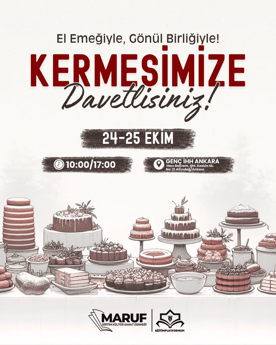 📣Mâruf Derneği olarak Ankara’da düzenleyeceğimiz kermesimize davetlisiniz!

🗓️24-25 Ekim
⏰10.00 / 17.00

Kermese katkı ve destek için 
forms.gle/Sa3tieUKXEsZeo…