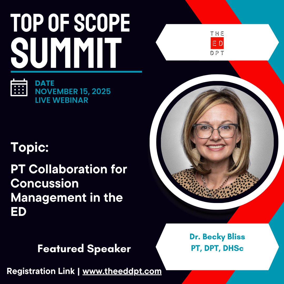 TheEDDPT's tweet photo. Expert Dr. Becky Bliss will share how physical therapists can collaborate in the Emergency Department to improve concussion management and patient outcomes.
📅 November 15, 2025 | Live Webinar
🔗 Register now: https://t.co/cV4VkoFyI0
#TopOfScope #EDPT #PhysicalTherapy https://t.co/MLcfvM3Tfr