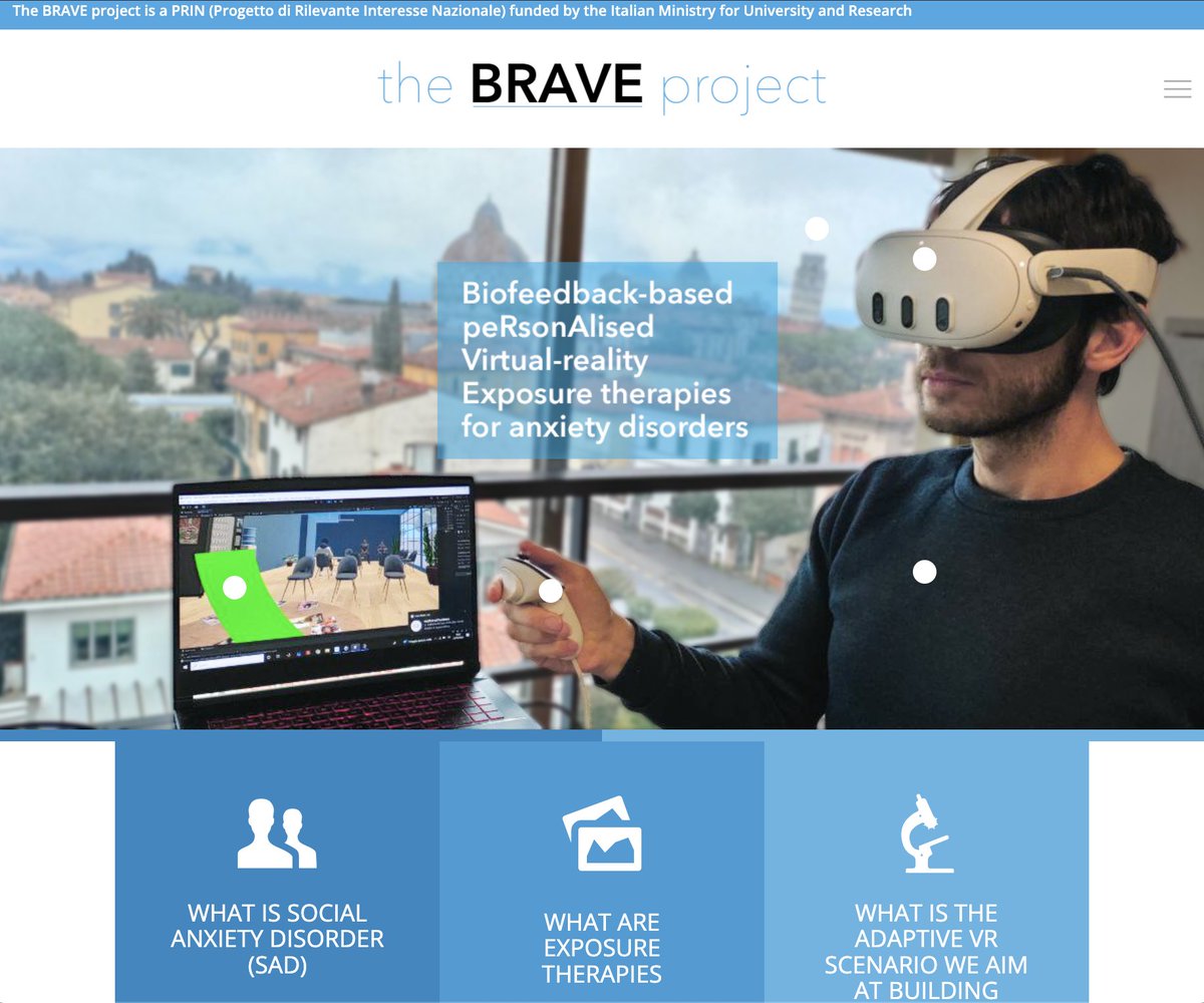 sergio_frumento's tweet photo. Did you know the 𝐁𝐑𝐀𝐕𝐄 project also have an amazing website? 😎 https://t.co/ELu8Xxwo3P
There you can find the last papers published about the 𝐁iofeedback-based pe𝐑son𝐀lised 𝐕irtual-reality 𝐄xposure therapies for anxiety disorder we are developing at Pisa University! https://t.co/4neWjt9ld8