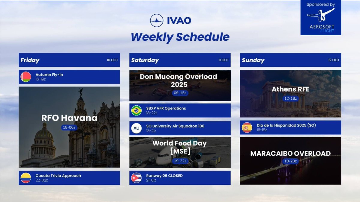🌍 Weekly Event Schedule 🌍 

Don’t miss out on the fun and excitement - check the event calendar and pick the flights that interest you the most! See you in the virtual skies! ⛅ ✈️