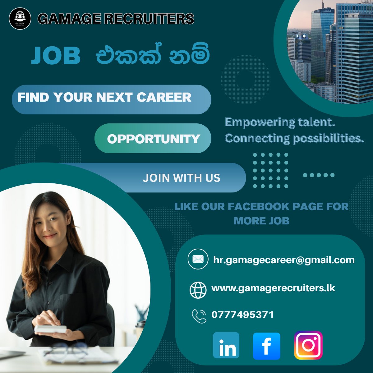 GamageRecru's tweet photo. 💼Find Your Next Job – Gamage Recruiters
✅ Access top vacancies across industries
✅ Skill-based job matching
✅ Resume &amp; interview support
✅ Step into your career growth
🌐 https://t.co/c0qYnpWiP7
📞 077 479 5371
📧 hr.gamagecareer@gmail.com
#GamageRecruiters #JobOpportunities https://t.co/Eq8scKjEEz