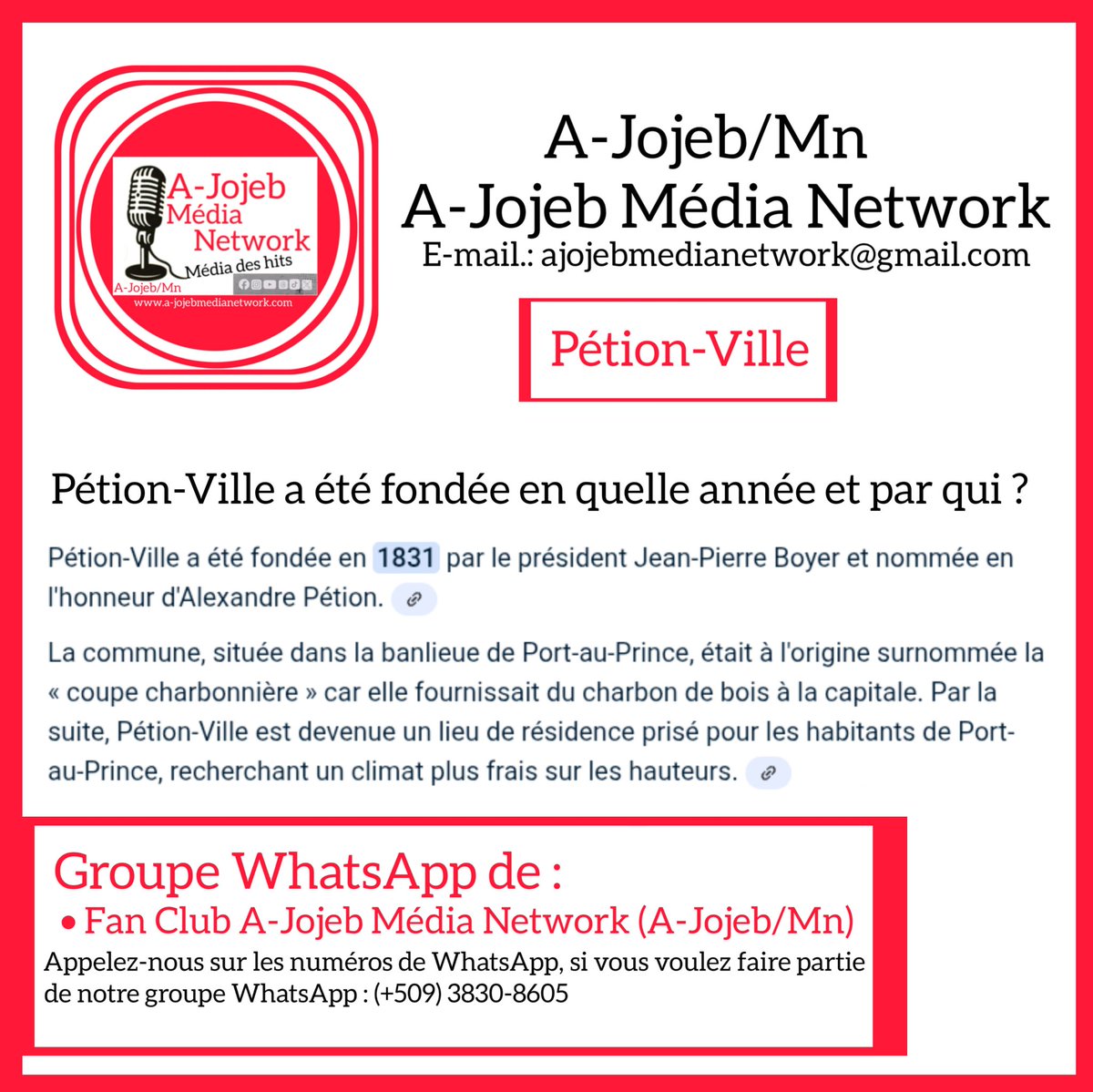 AJojebMediaNetw's tweet photo. Pétion-Ville a été fondée en quelle année, et par qui ?
Pétion-Ville a été fondée en 1831 par le président Jean-Pierre Boyer et nommée en l'honneur d'Alexandre Pétion... @AJojebMediaNetw https://t.co/xHvKkUdWoS
