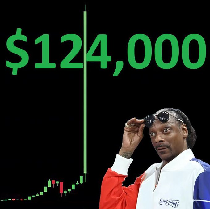 Black background with green dollar sign and text reading 12440000 vertically aligned with an upward arrow. Snoop Dogg wearing round sunglasses, colorful jacket with Snoop Dogg branding, pointing with one hand while looking surprised. Bottom section shows green and red candlestick chart with upward trend line.