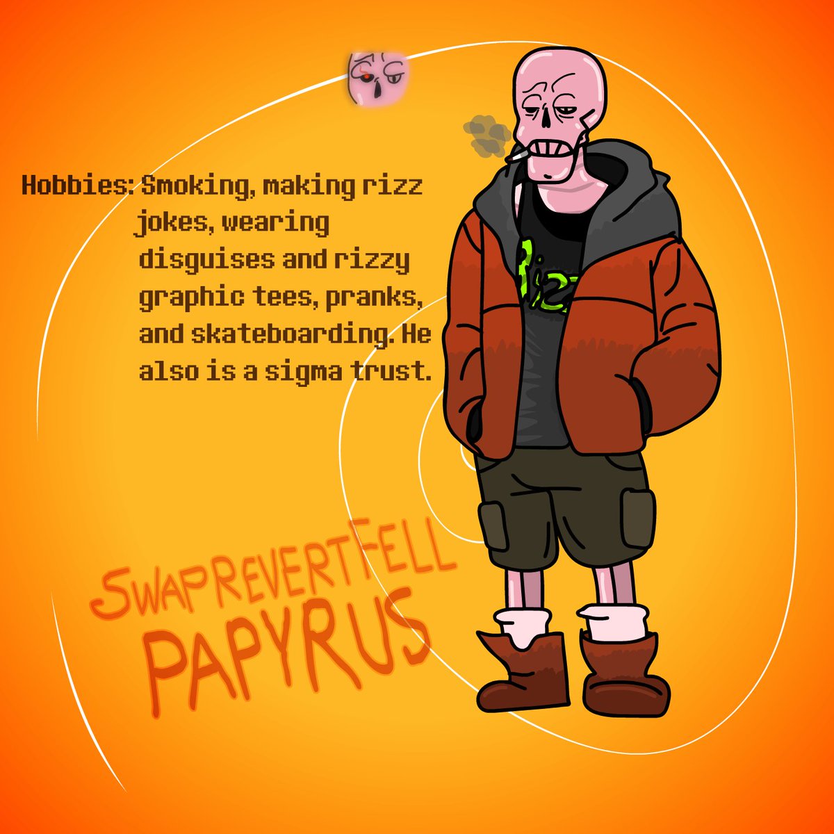 Today's art post is of Swaprevertfell Papyrus! #Undertale #UndertaleAUs #UndertaleAU #Swaprevertfell #Revertfell #Underfell #Underswap #Artmoots #Artmoot

Artwork by me!

...also a side note:
this is the NEW canonical design for Swaprevertfell Papyrus!