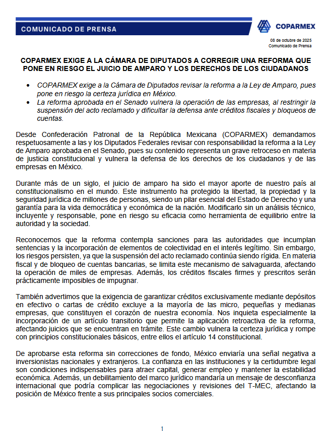 MLopezSanMartin's tweet photo. ⚠️La @Coparmex exige al Congreso corregir la reforma a la Ley de Amparo. 

Alertan que la retroactividad debilita la certeza legal, manda señal negativa a inversionistas y pone en riesgo empleos, capital y la posición de México frente al T-MEC. https://t.co/qhTkKVuc2W