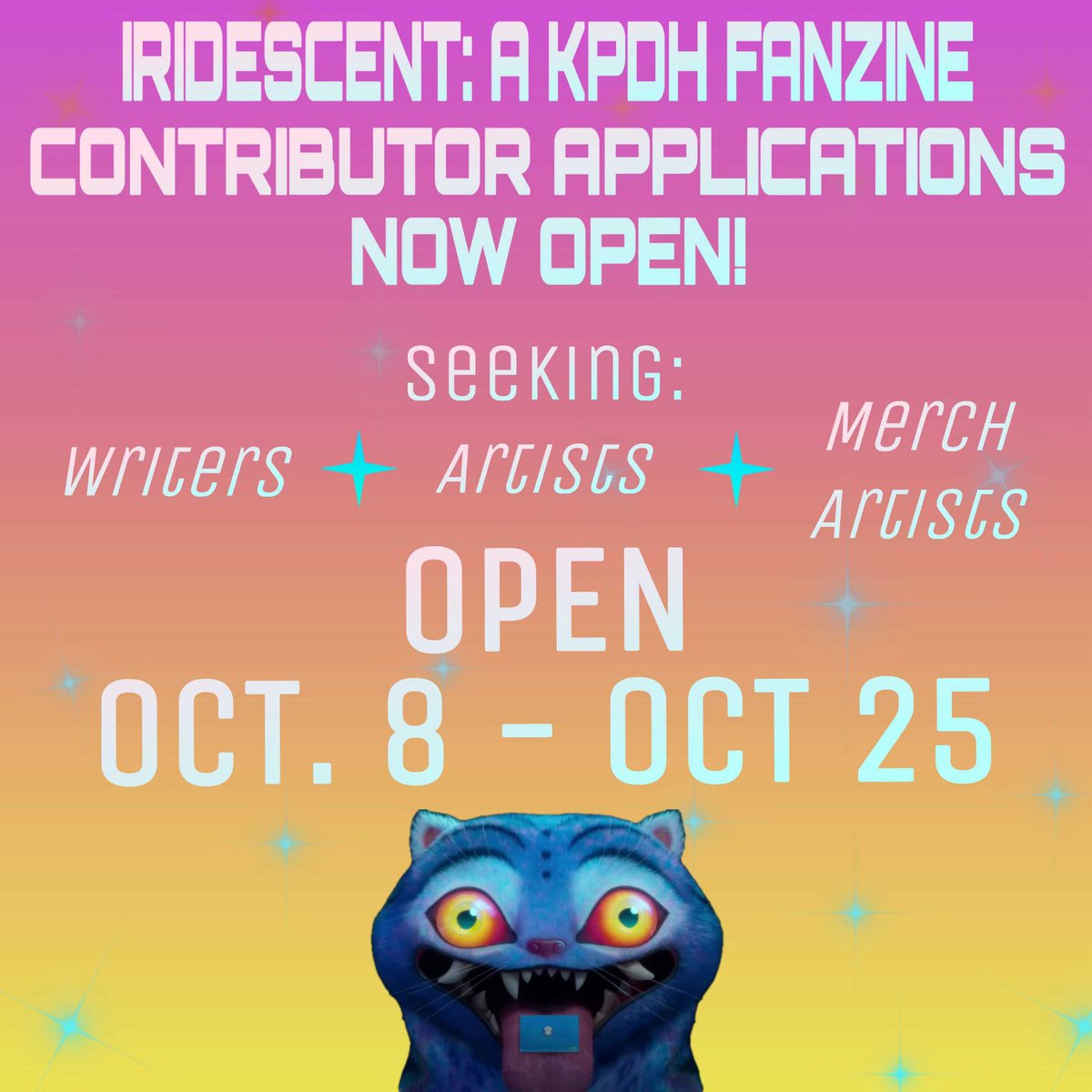 iridescentkpdh's tweet photo. ✧ The song we couldn’t write, this is what it sounds like ✧

Hi Idols! Contributor applications are now open through October 25th, 11:59 PST. We are seeking writers, artists, and merch artists! Please check out these links below if you are interested: https://t.co/zGi1xwEhko