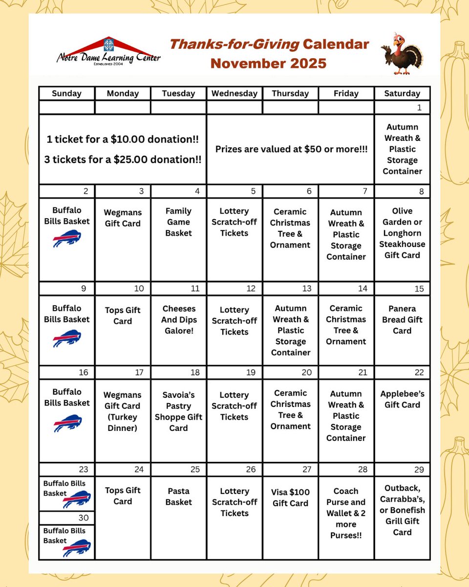 NDLCenter's tweet image. With a $10 donation, you’ll be entered into a daily drawing for exciting prizes throughout November- that’s 30 chances to win while supporting NDLC!

Go to our website (link in bio) to enter! Raffle tickets can be purchased online or by completing and submitting the form.