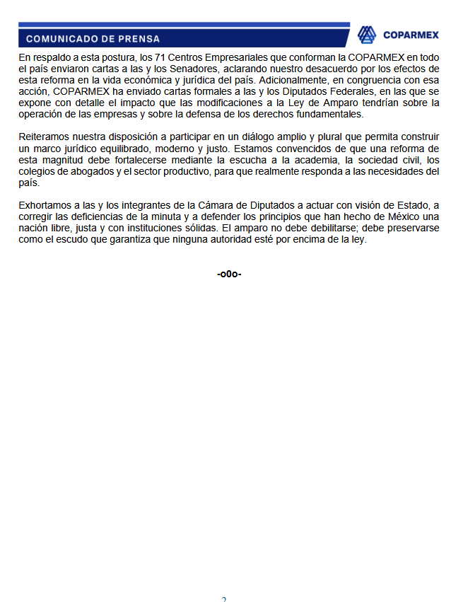 MLopezSanMartin's tweet photo. ⚠️La @Coparmex exige al Congreso corregir la reforma a la Ley de Amparo. 

Alertan que la retroactividad debilita la certeza legal, manda señal negativa a inversionistas y pone en riesgo empleos, capital y la posición de México frente al T-MEC. https://t.co/qhTkKVuc2W
