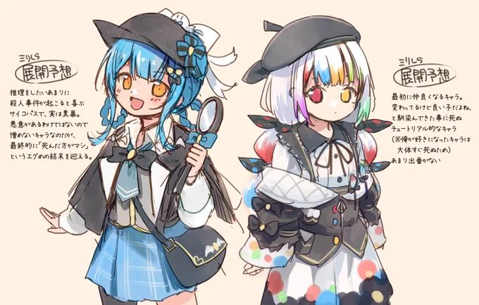 まのさば始める前に気になったキャラ先に描きました(ミリしら展開予想付き) ダンロン、まほいく履修して未解決事件も終わらせたので絶対合ってると思います