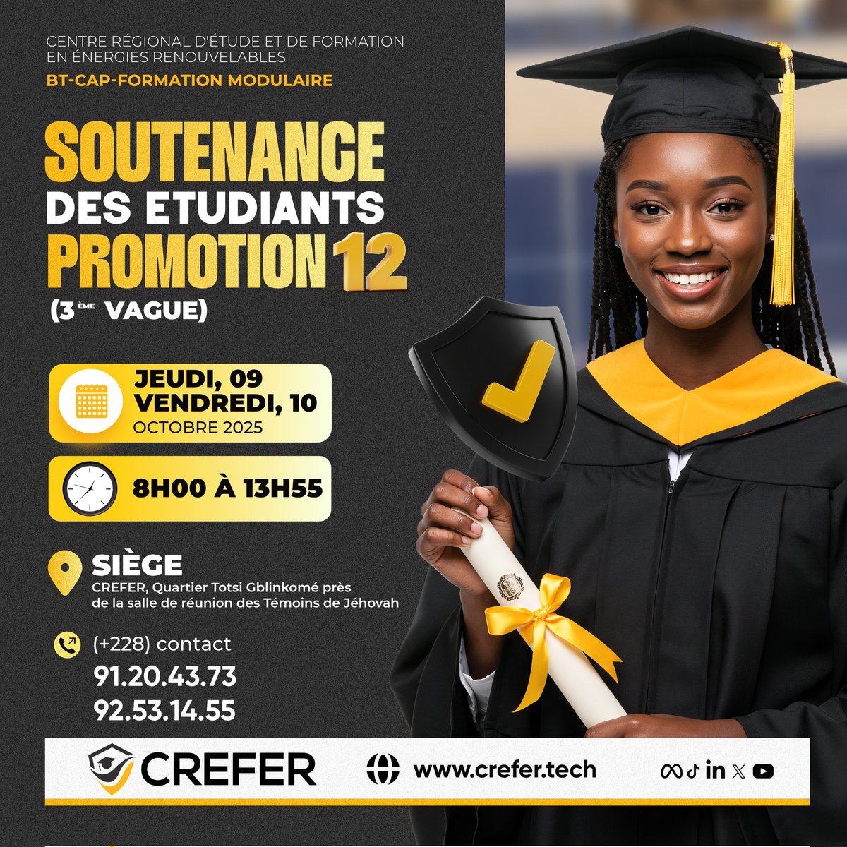 CREFER – Soutenances de la Promotion 12 (Vague 3)
📅 Les 9 et 10 octobre, au siège de l’école.

Venez assister à la présentation des projets innovants de nos étudiants, futurs leaders en Énergies Renouvelables.