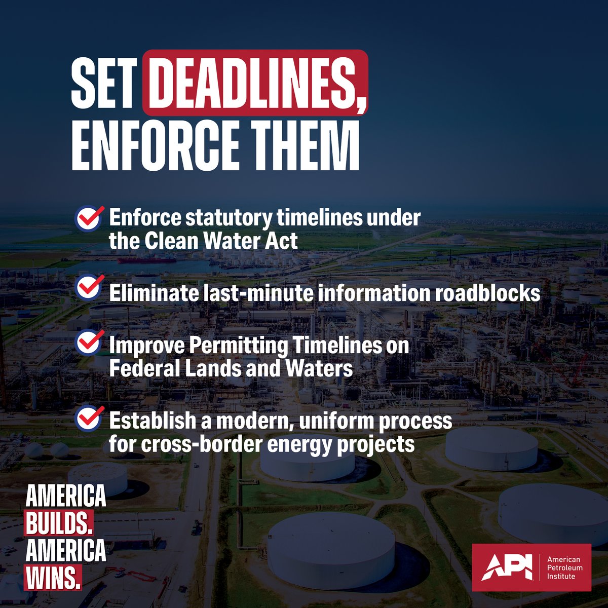 APIenergy's tweet image. Unnecessary delays increase costs, hurt jobs, and weaken U.S. competitiveness. Clear rules with firm deadlines will drive investment and help lower prices. 
 
permittingreformnow.org
