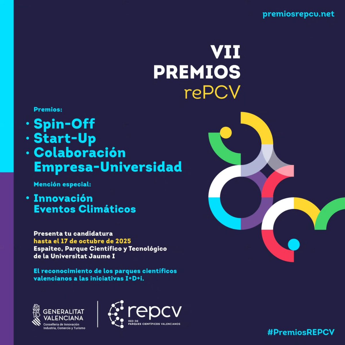 TechFabLabCV's tweet image. La Red de parques científicos valencianos convoca la 7ª edición de los premios destinados a las empresas vinculadas a las 5 universidades públicas de la Comunitat Valenciana. 
La presentación de candidaturas está abierta hasta el 17 de octubre premiosrepcv.net