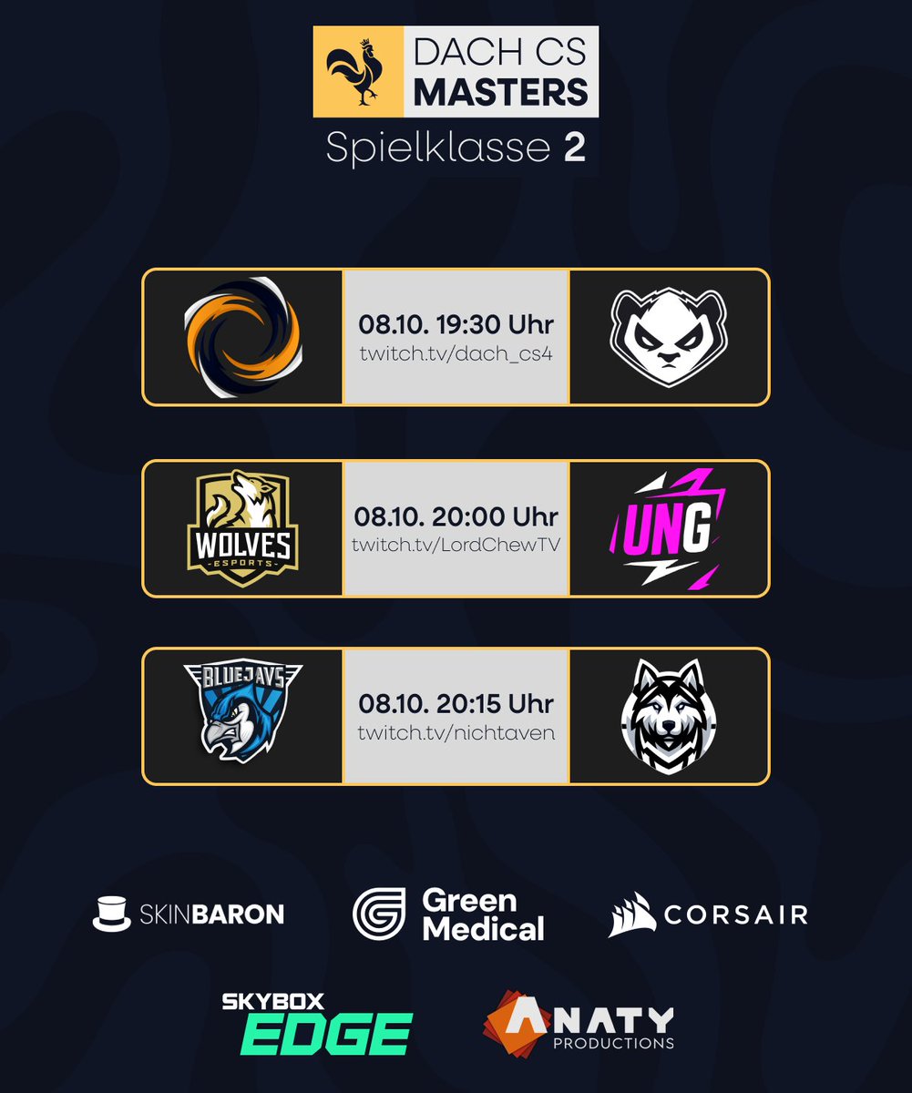 Hier auch nochmal ein Reminder, dass wir auch DREI Spielklasse #2-Games heute haben 🥳

Die Streams:
<a href="/aes_danielz/">Daniel</a>: twitch.tv/dach_cs4
<a href="/LordChewTV/">LordChewTV</a>: twitch.tv/LordChewTV
<a href="/NichtAven/">Aven oωo</a>: twitch.tv/NichtAven

#DACHCSMasters