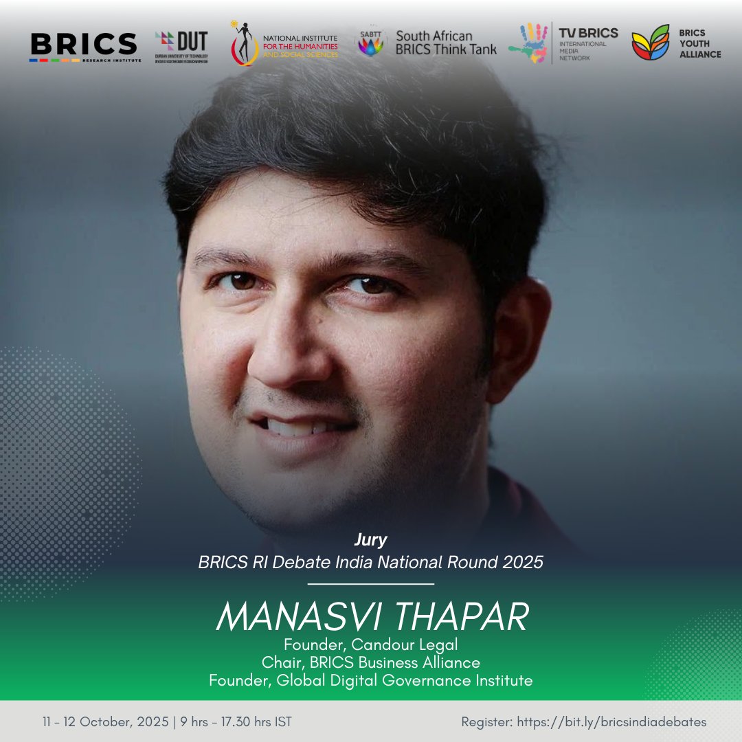 We’re honoured to welcome Mr. Manasvi Thapar, Founder of Candour Legal &amp; Chair, BRICS Business Alliance 🇮🇳, as Jury for the BRICS RI Debate India National Round 2025!
Watch live &amp; earn an international certificate: bit.ly/bricsindiadeba… 🌍✨
<a href="/ManasviThapar/">Manasvi Thapar । मनस्वी थापर 🇮🇳</a>