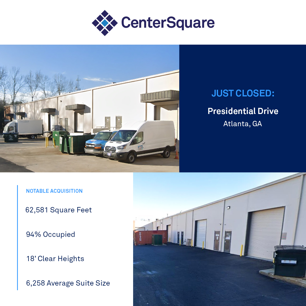 CtrSquare's tweet image. #CenterSquare expands its #ServiceIndustrial portfolio in Atlanta with the acquisition of Presidential Drive, a 62,581 SF, 94% occupied property in the infill Chamblee submarket.

Read the release: tinyurl.com/3s32ywtm