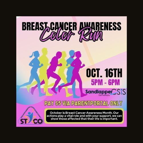 💗 Pink + Powder + Purpose!  Every step you take at our Student Council's Color Run supports breast cancer awareness and shows your love for those impacted. 
🗓 October 16th | 5–6 PM
💲 $5 via ParentPortal only
Wear white and get ready to be covered in color!
#StuCo #ColorRun