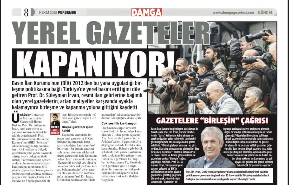 Basın İlan Kurumu’nun (BİK) uyguladığı birleşme politikasının yerel basını erittiğini dile getiren Prof. Dr. Süleyman İrvan, resmî ilan gelirlerine bağımlı olan yerel gazetelerin, artan maliyetler karşısında kapanmak zorunda kaldığını söyledi. <a href="/suleymanirvan/">Süleyman İrvan</a>