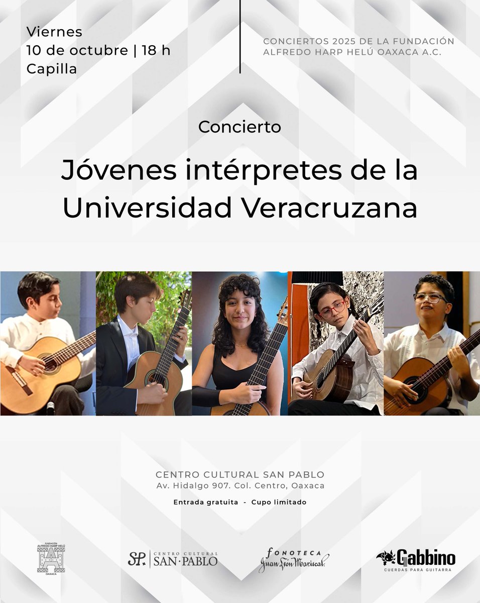 La Fonoteca te invita al concierto de jóvenes guitarristas en la Capilla del <a href="/fahho_sanpablo/">Centro Cultural SP</a>  este viernes 10 de octubre a las 18 h.
<a href="/FundacionAHHO/">Fundación Alfredo Harp Helú Oaxaca</a> 

ENTRADA GRATUITA
CUPO LIMITADO
