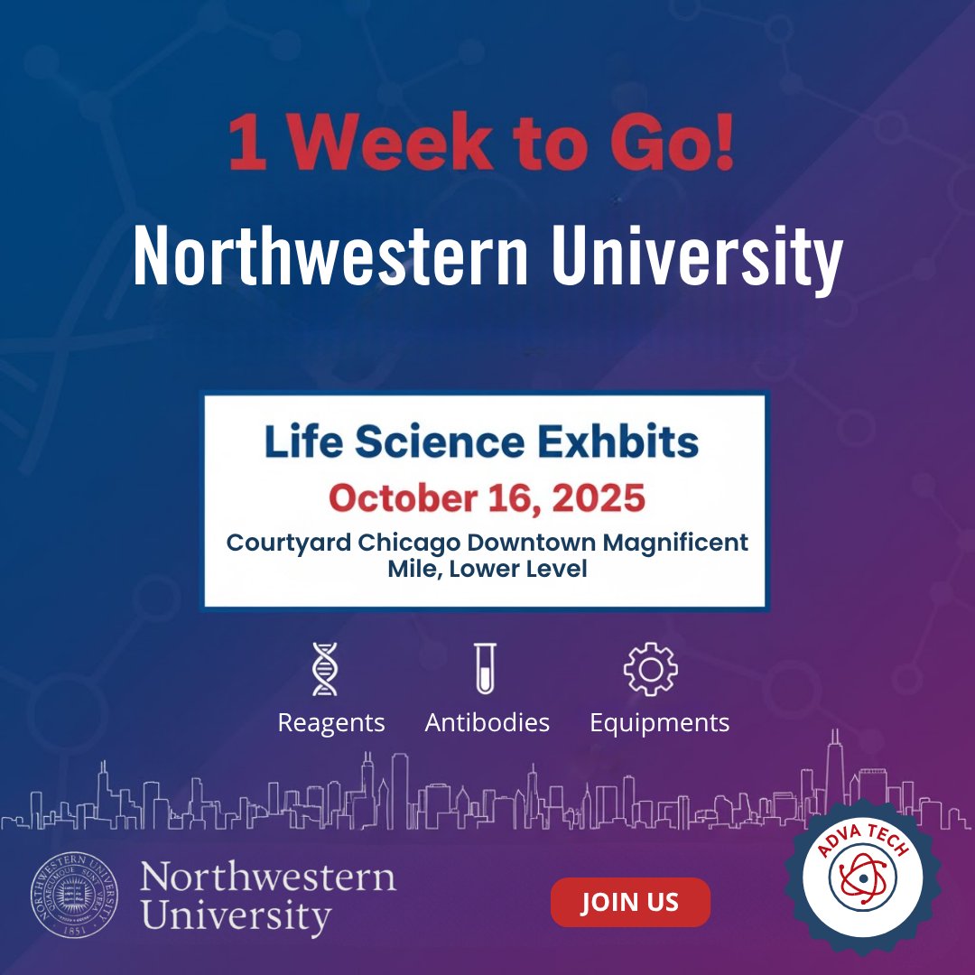 AdvaTechGroup's tweet image. One week to go, #Northwestern!

The 𝐀𝐝𝐯𝐚 𝐓𝐞𝐜𝐡 𝐆𝐫𝐨𝐮𝐩 team is heading your way for the Life Science Exhibits. Come see our latest reagents, antibodies &amp;amp; equipment.

See you at the Courtyard on Oct 16!

#AdvaTechGroup #NorthwesternUniversity