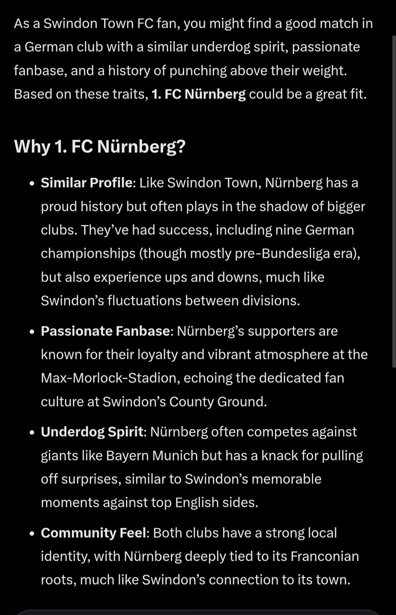 Currently in Germany for work, idly wondering which German team I could follow. Here's Grok's suggestion.
Thoughts #stfc fans?