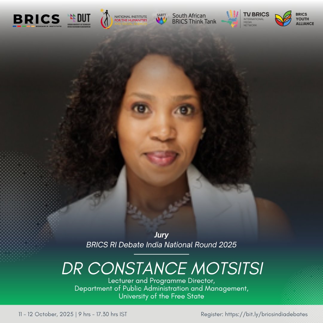 We’re honoured to welcome Dr. Constance Motsitsi, Lecturer &amp; Programme Director, Univ. of the Free State 🇿🇦, as Jury for the BRICS RI Debate India National Round 2025! 🇮🇳
Watch live &amp; earn an international certificate: bit.ly/bricsindiadeba… 🌍✨