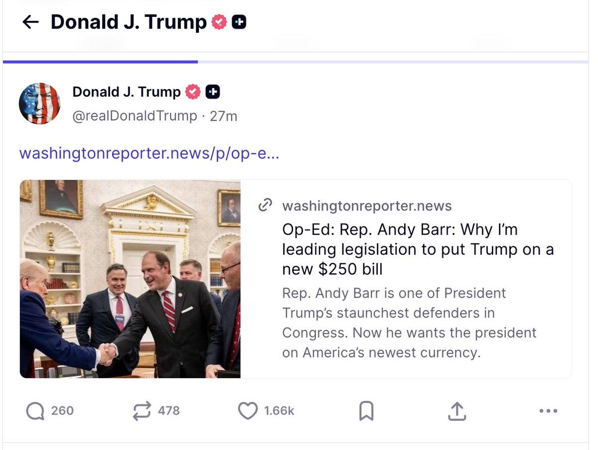 Currently at the top of <a href="/realDonaldTrump/">Donald J. Trump</a>'s Truth Social page: an op-ed by <a href="/RepAndyBarr/">Congressman Andy Barr</a> in <a href="/DC_Reporter/">Washington Reporter</a>!