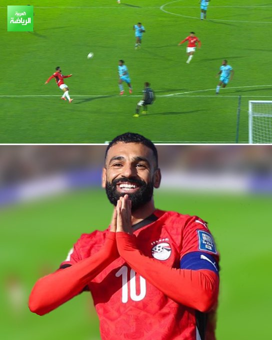 محمد صلاح يسجل الهدف الثالث لمنتخب مصر. جيبوتي 0 مصر 3 (إبراهيم عادل - محمد صلاح). تصفيات كأس العالم 2026. ملعب العربي الزاولي 