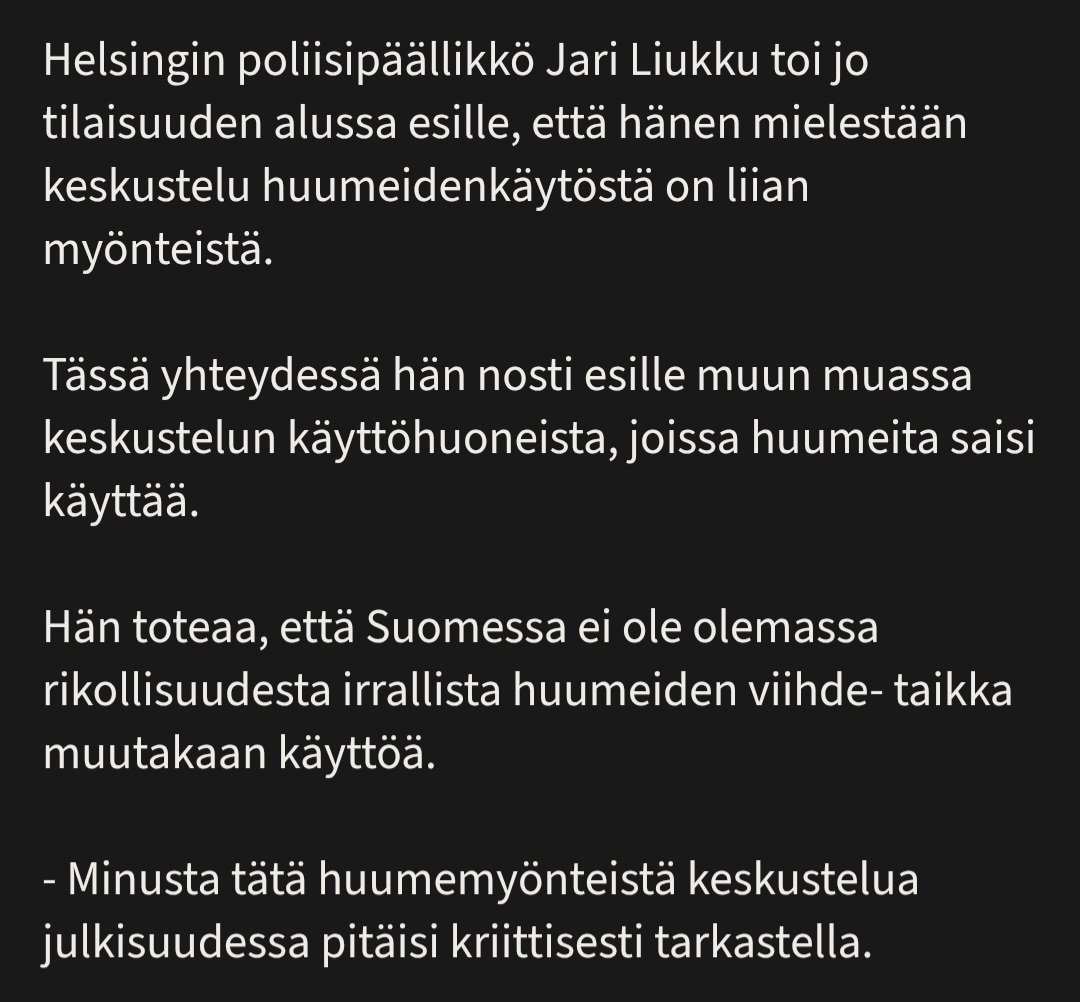 Coel Thomas 🌻 (@coelthomas) on Twitter photo <a href="/juusometsala/">Juuso Metsälä</a> Tämä on myös pomosi linja, jossa alfa-pvp-epidemiasta syytetään tätä "huumemyönteisyyttä", joka on todellisuusessa vain esim THL:n toimien kannattamista, ja jätetään puhumatta oman toiminnan vaikutuksista. En usko, että jaat vain neutraalisti eri näkemyksiä. <a href="/juusometsala/">Juuso Metsälä</a> Tämä on myös pomosi linja, jossa alfa-pvp-epidemiasta syytetään tätä "huumemyönteisyyttä", joka on todellisuusessa vain esim THL:n toimien kannattamista, ja jätetään puhumatta oman toiminnan vaikutuksista. En usko, että jaat vain neutraalisti eri näkemyksiä.