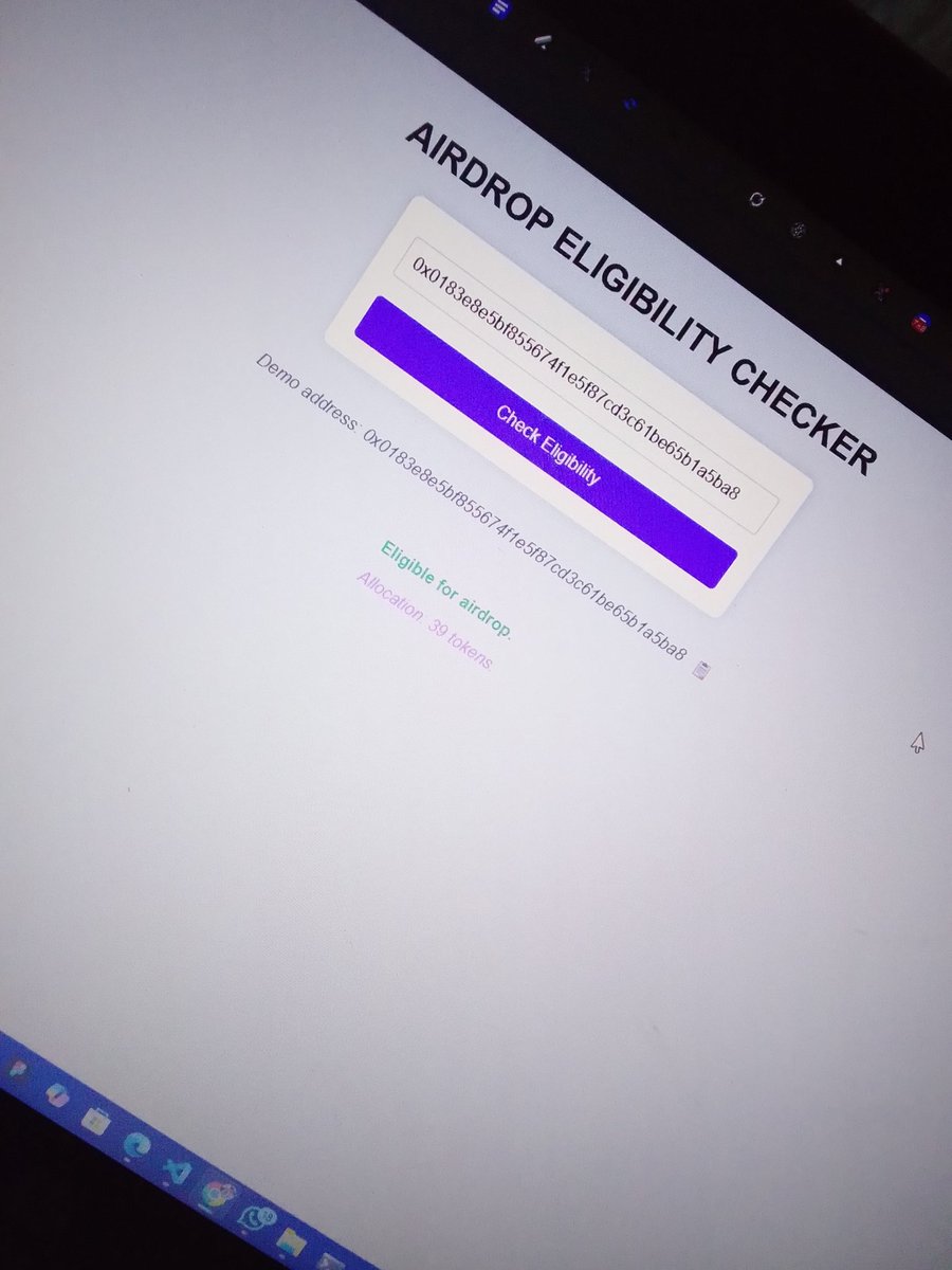 Dev_Rodiyat's tweet image. Yesterday’s assignment was to build a JS project for users to check their airdrop eligibility & allocation.
So I built a JS-powered Airdrop Eligibility Checker - enter your address to see if you’re eligible and your allocation, all secured with Merkle Trees & SHA-256. 🚀 #Web3