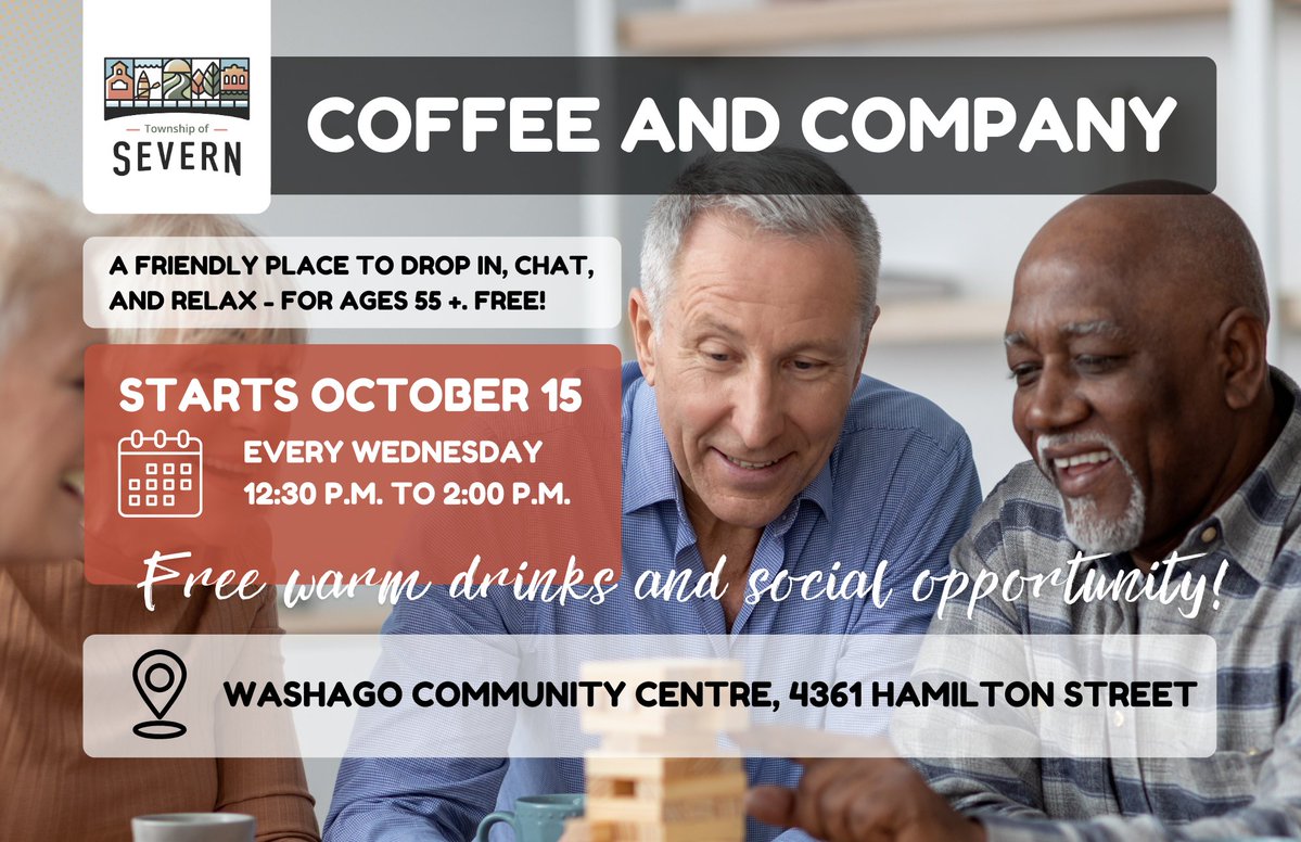 Township of Severn (@severntownship) on Twitter photo Join our **NEW** Coffee & Company drop-in program. Older adults (55+) are invited to the #WashagoCC Wed. afternoons **Oct. 15 from 12:30PM to 2PM** to enjoy a warm drink & a chance to socialize. This program is FREE, registration not required. Visit: severn.ca/dropin. Join our **NEW** Coffee & Company drop-in program. Older adults (55+) are invited to the #WashagoCC Wed. afternoons **Oct. 15 from 12:30PM to 2PM** to enjoy a warm drink & a chance to socialize. This program is FREE, registration not required. Visit: severn.ca/dropin.