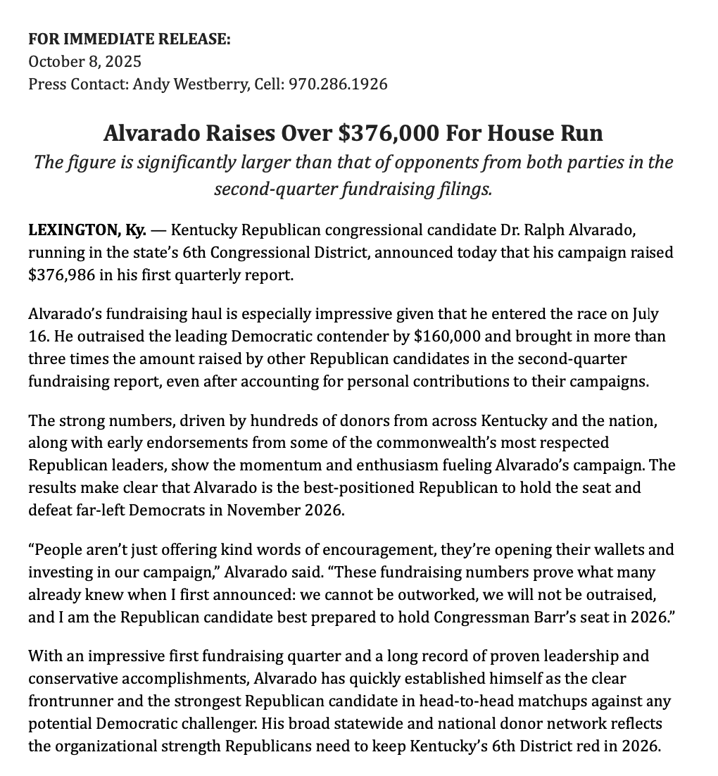 NEW: <a href="/AlvaradoForKY/">Ralph Alvarado MD</a> raised $376,000 to keep the open #KY06 in GOP hands