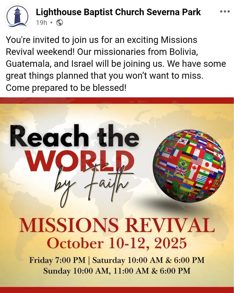 Pray with me for our upcoming Missions Revival. 24 yrs ago, the Lord led my wife and me to plant <a href="/LBC4meMD/">Lighthouse Baptist Church</a> between Annapolis &amp; Baltimore, just 35 miles north of D.C. Lord willing, by the end of 2025, our church will have given over $2 million to world missions.
All glory to God🙌
