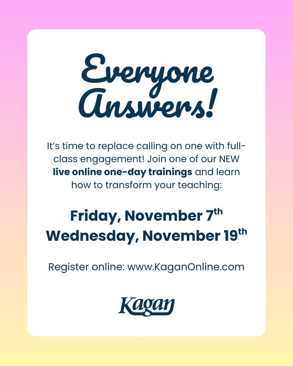 Ever feel like the same few students do all the answering? It’s time for Everyone Answers! 🙋‍♀️

Join us in the live online workshops: kaganonline.com/workshops/even…

#kagan #kaganstructures #onlinePD #cooperativelearning #teacherPD #studentengagement #professionaldevelopment #teachers