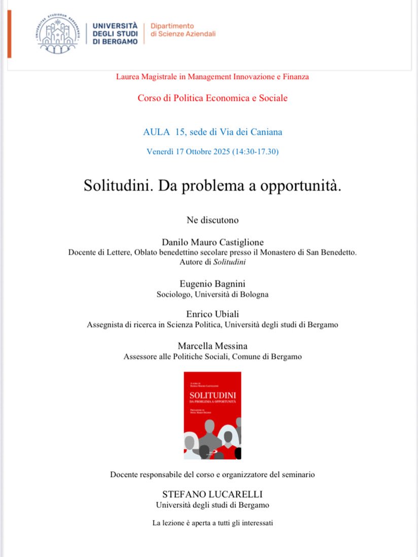 DaniloCastigli2's tweet photo. Attività seminale al Corso di Politica Economica e Sociale dell‘Università di Bergamo. Grazie al prof Stefano Lucarelli e al dottor Enrico Ubiali, per aver accolto “Solitudini da problema a opportunità” @edizionisanpaolo in questa attività. #edizionisanpaolo #università #bergamo https://t.co/9RnxMNkB0K