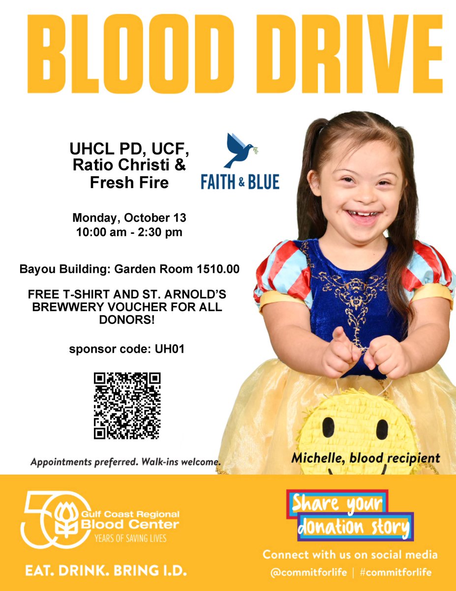UHCL Police (@uhclpd) on Twitter photo In honor of Faith & Blue Weekend University Christian Fellowship, Ratio Christi, Fresh Fire and the UHCL Police Department will be hosting a Blood Drive. #giveblood #givelife In honor of Faith & Blue Weekend University Christian Fellowship, Ratio Christi, Fresh Fire and the UHCL Police Department will be hosting a Blood Drive. #giveblood #givelife
