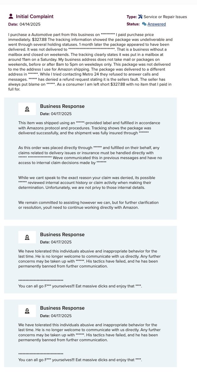 JasonDeFuria's tweet photo. You know whats wild? @bbb_us is such a scam- look at this response from Metro 24 Wholesale Inc, how can they have an A rating telling a customer to "Eat massive d**ks.." @BBBNCTX https://t.co/KOBAJ8Pz2I