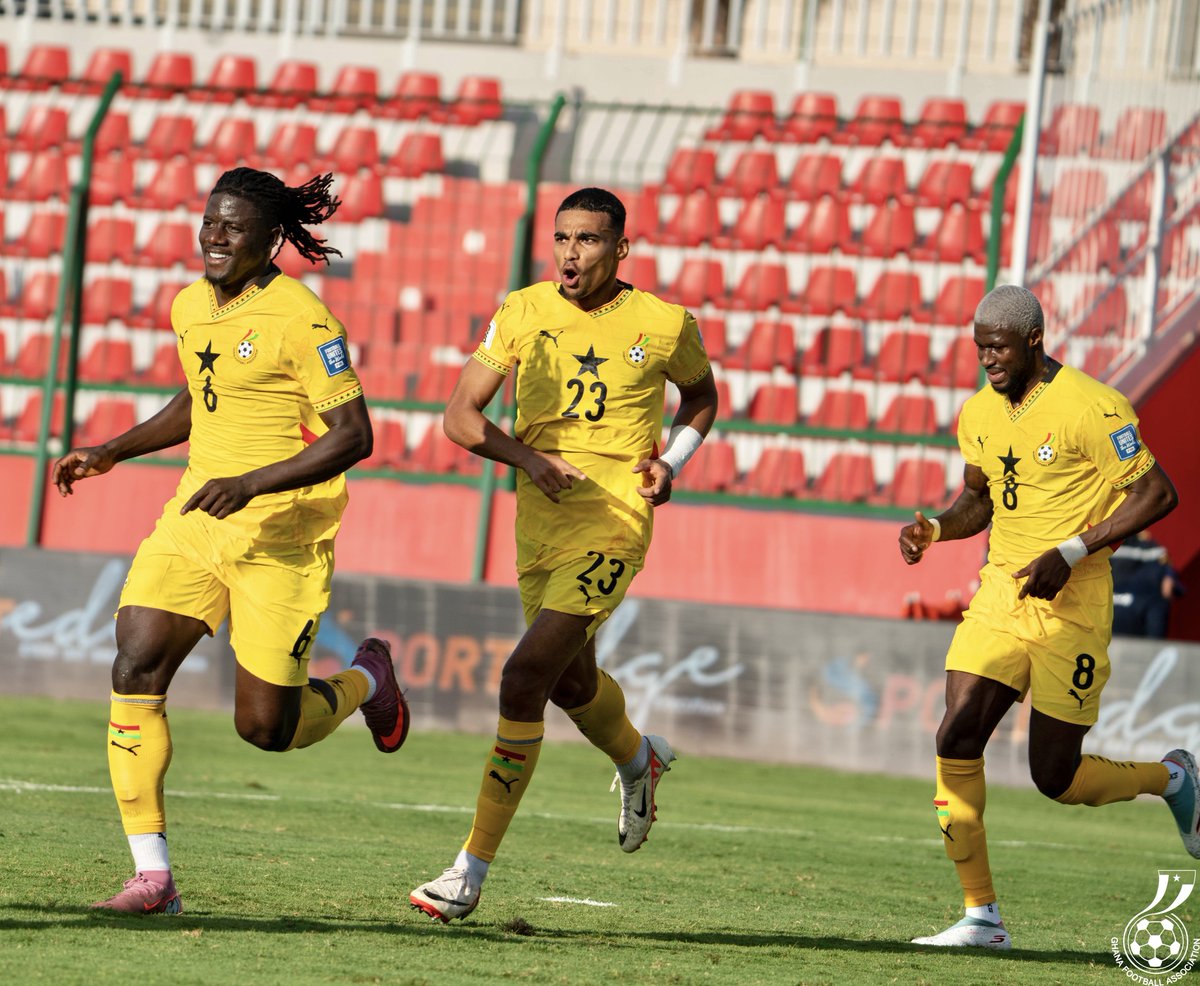 ✅ 𝗙𝗨𝗟𝗟 𝗧𝗜𝗠𝗘 — 5️⃣ Goals, 3️⃣ Points. A commanding performance from the #BlackStars! 🖤🌟

🇨🇫 CAR 0️⃣-5️⃣ Ghana 🇬🇭

⚽️ Goals from Salisu, Partey, Djiku, Jordan Ayew and Kamaldeen Sulemana seal a big win in Meknès! 🔥

#FIFAWCQ